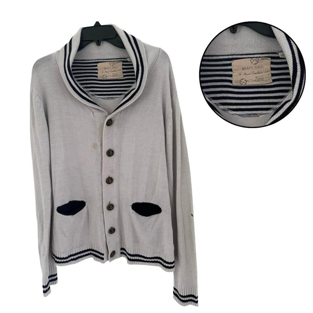 Brave Soul Women's L Shawl Collar Cardigan Sweater Gray Black Striped Button-Up